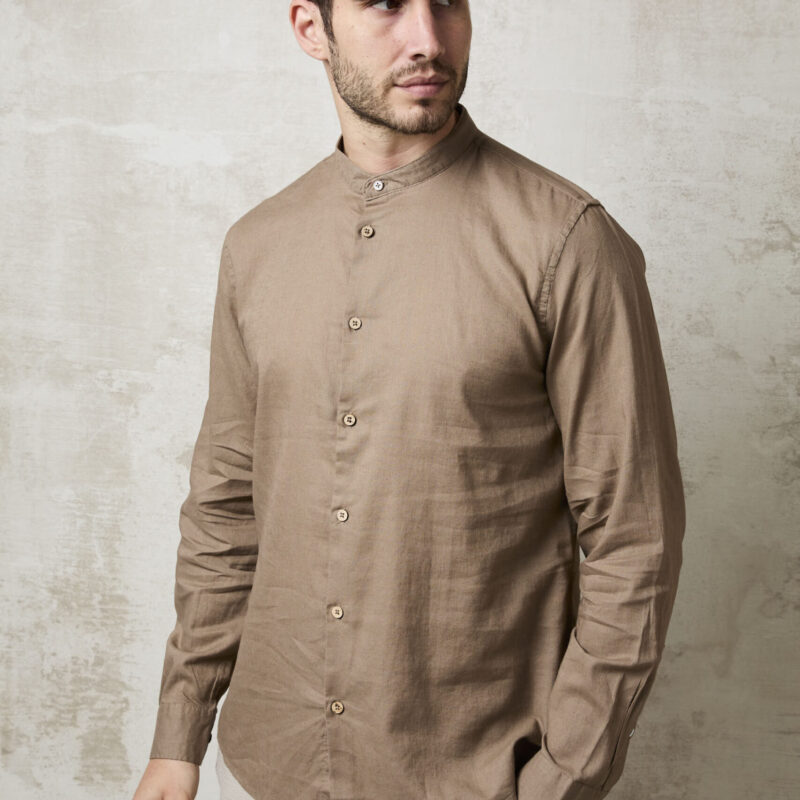 Parrion 1716 Men's Brown Linen Mandarin Collar Shirt - Stylish & Lightweight Summer Shirt