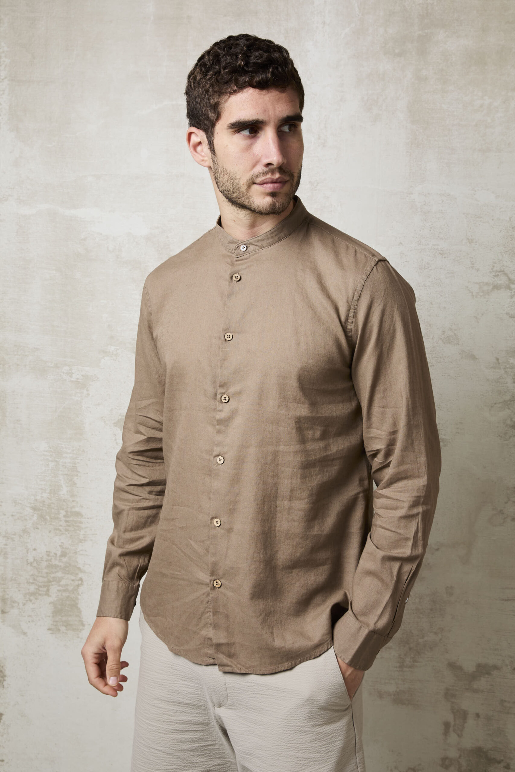 Parrion 1716 Men's Brown Linen Mandarin Collar Shirt - Stylish & Lightweight Summer Shirt