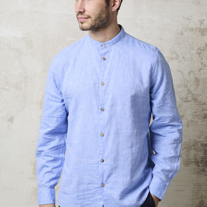 Parrion 1714 Men's Blue Linen Mandarin Collar Shirt - Comfortable & Stylish Summer Shirt