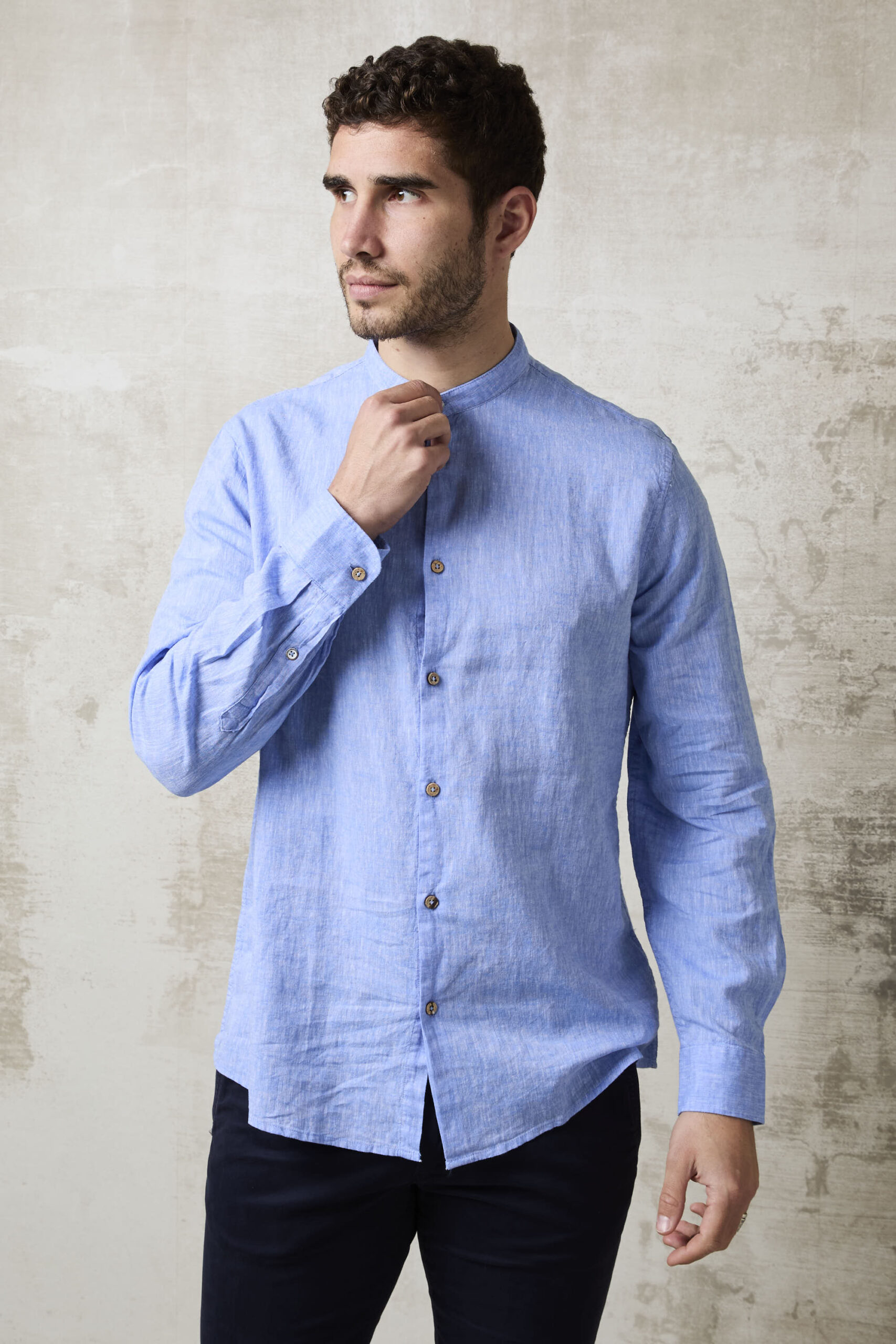 Parrion 1714 Men's Blue Linen Mandarin Collar Shirt - Comfortable & Stylish Summer Shirt - Image 3