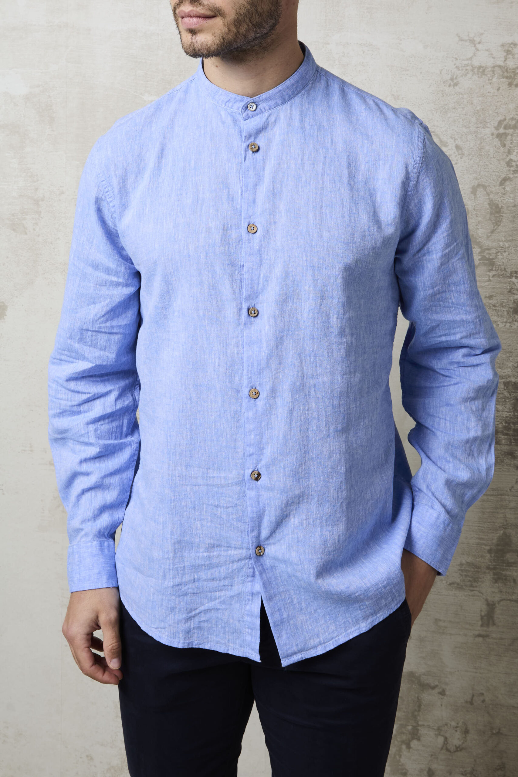 Parrion 1714 Men's Blue Linen Mandarin Collar Shirt - Comfortable & Stylish Summer Shirt - Image 2